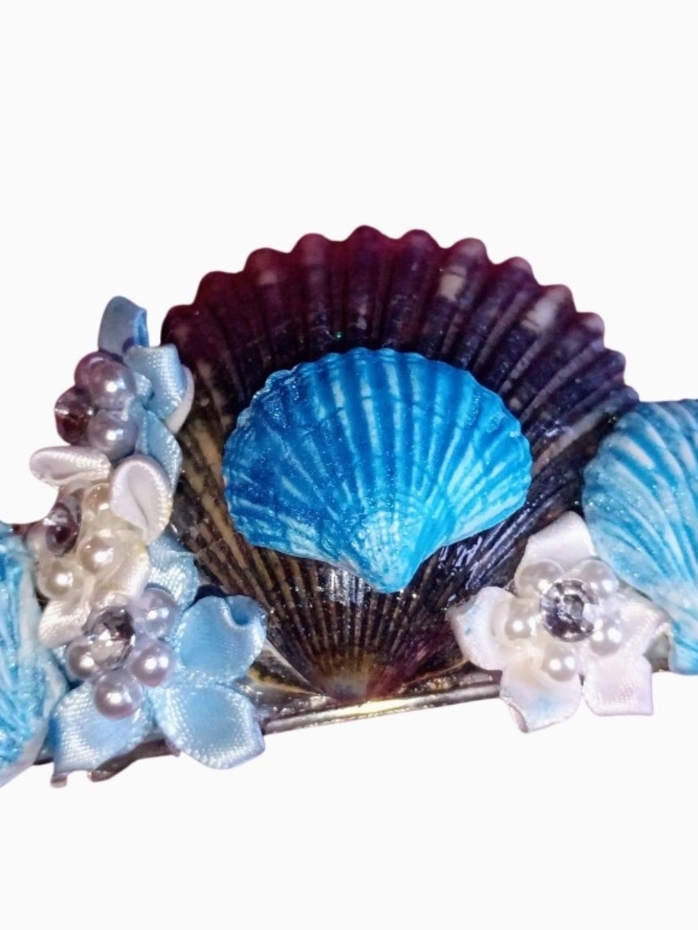 Blue Shell Hair Clip with Pearl Flower Accents